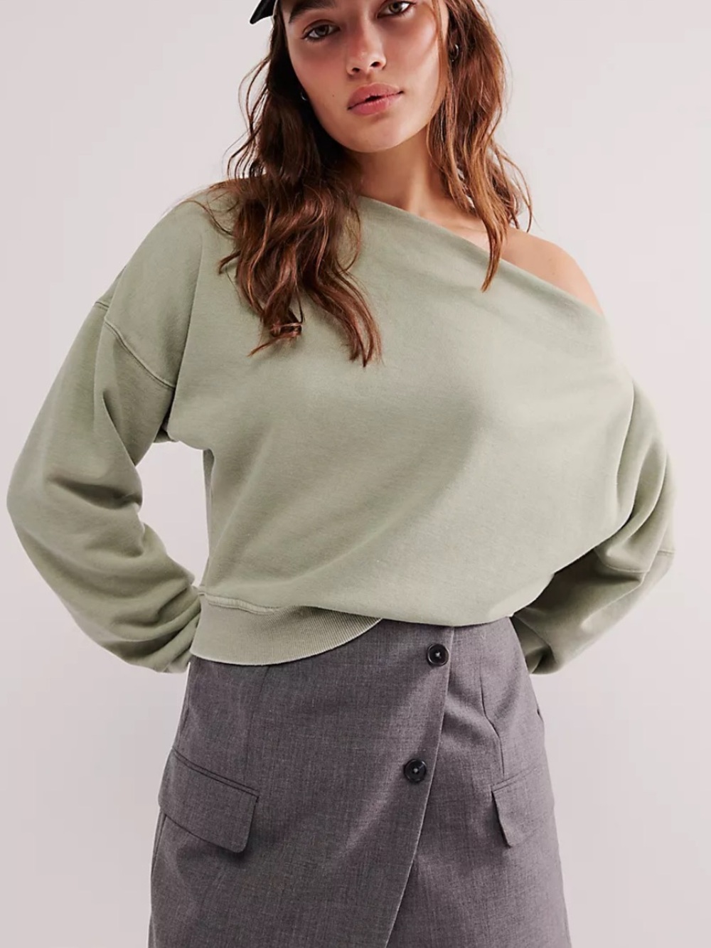 Free People Date Night Off-Shoulder Sweatshirt- Sage Green - Picture 5 of 15